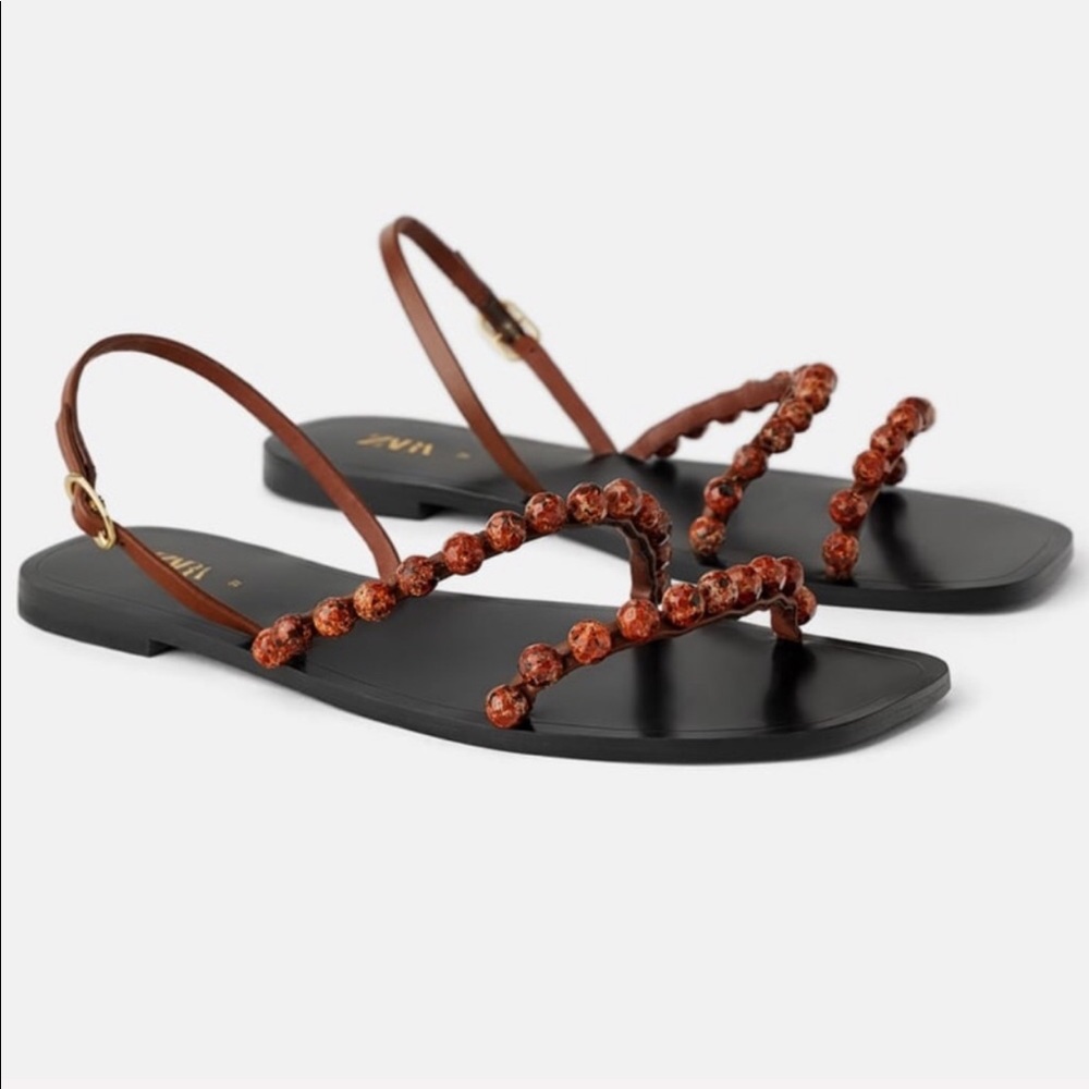 Zara brown black leather beaded sandals size 10